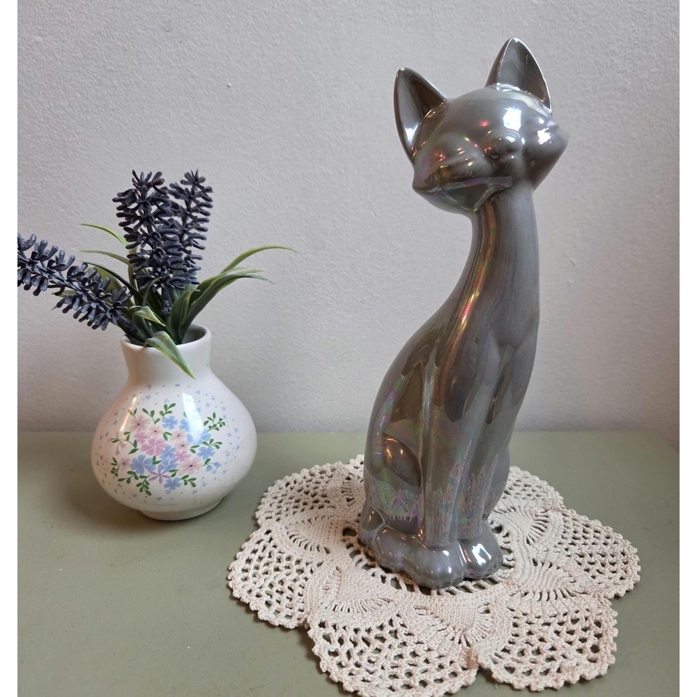 Vintage Iridescent Gray Ceramic Cat Figurine Pearlized Retro Decor